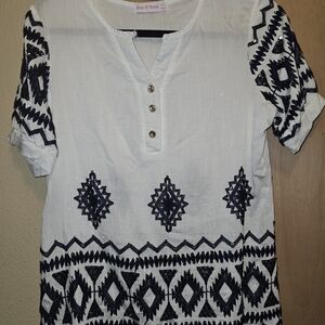 Hannah Rose White Blouse with Black Geometric Embroidery $8 Or 2/$10